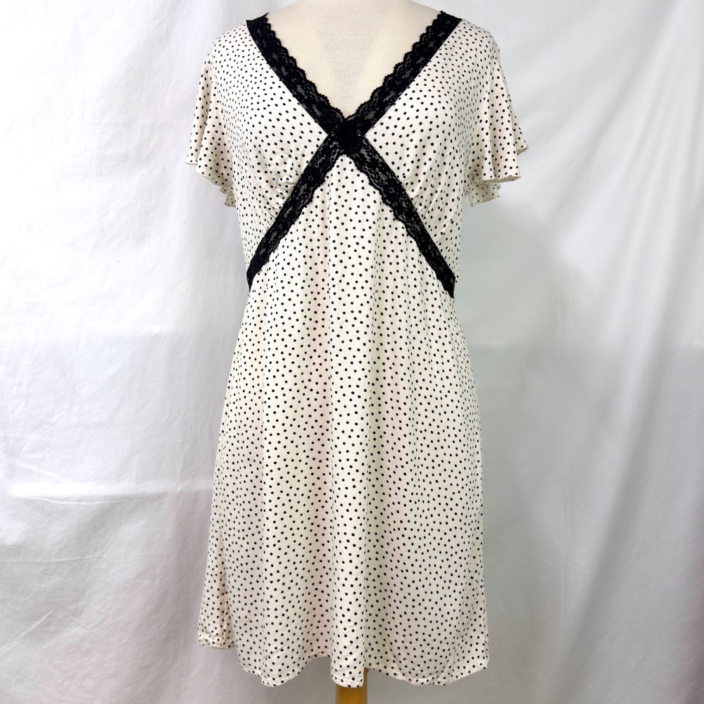 OLD NAVY Cream Black Polka Dot Lace Babydoll Empire Waist Mini Dress M Coquette
